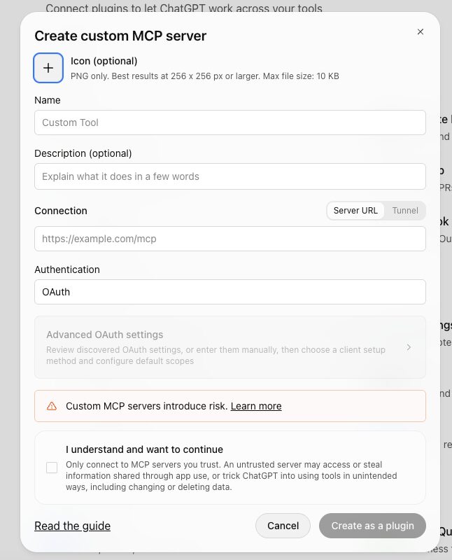 ChatGPT Create custom MCP server dialog with Server URL and OAuth selected